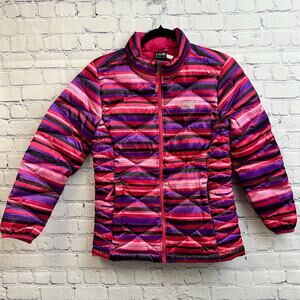 The North Face Girls 550 Down Puffer Coat Size Large 14/16 Pink Purple Stripes